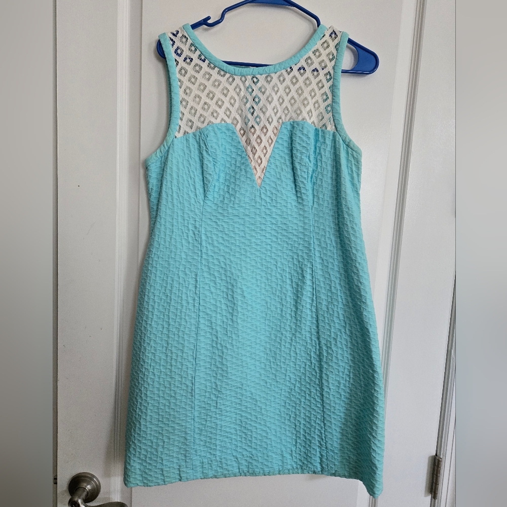 Lilly Pulitzer Blue Sheath Mini Dress Plunge Neckline Shift 35 In length